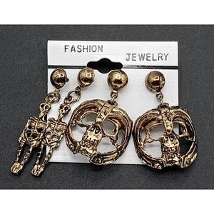 Vintage Set Of 2 Pierced Skeleton Skull Earrings 1980's 1990's New Old Stock